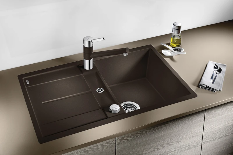 Blanco’s Metra granite sink is available in a variety of tones and neutral shades including white, black, coffee, off-white and five shades of grey
