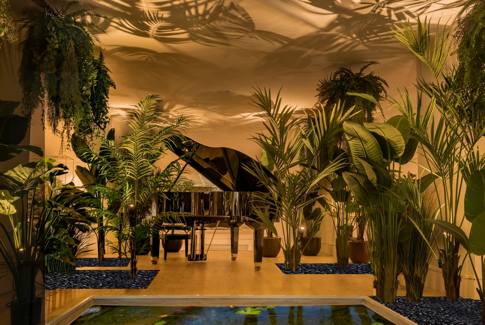 In the lobby bar of Marbella's new Hard Rock Hotel by Studio Gronda, a grand piano is camouflaged among lush vegetation. Photo: Jose Salto