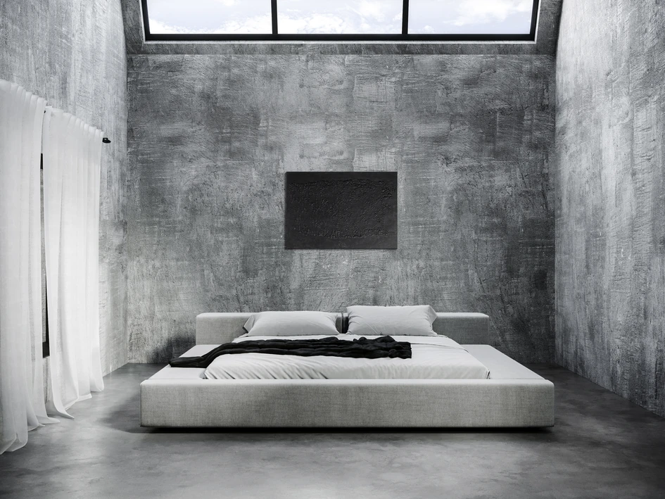 The brutalist interior of the Industrial Loft combines minimalism and romanticism. An iconic sink in the en-suite was carved from a single block of stone. Photos: Courtesy of Francesco Meneghello