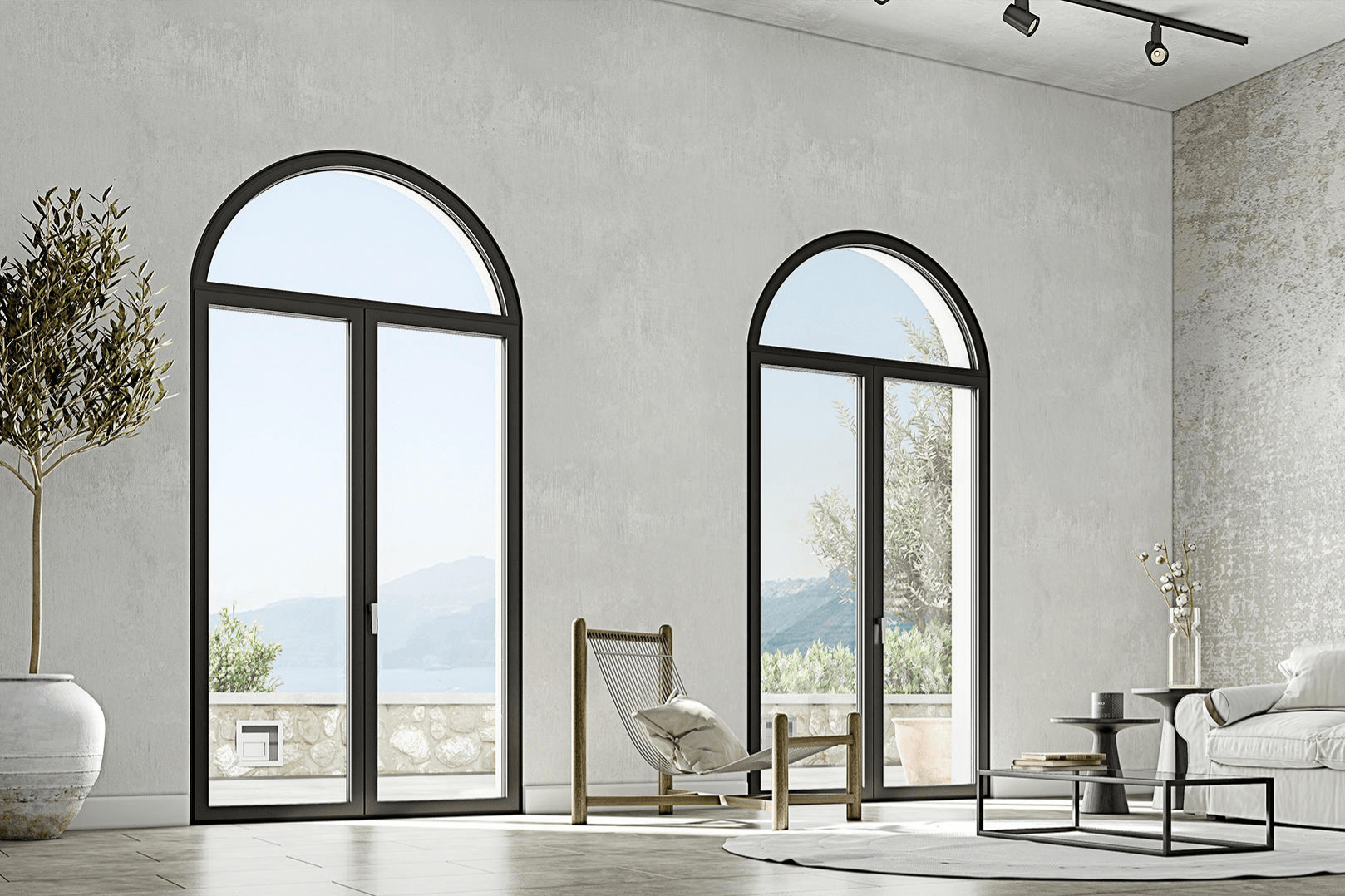 Inverted archway windows mix with upright archways at the Glen Iris House (top, middle) and Elvial’s Iconic frames with fixed-half-moon window above (bottom). Photos: Rory Gardiner (top, middle)