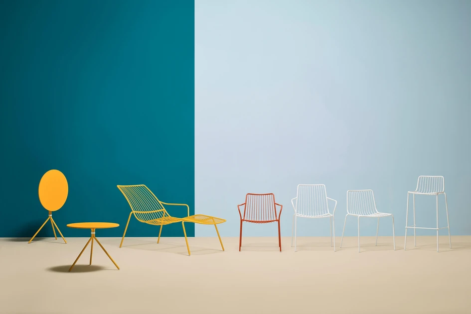 Pedrali’s lightweight metal-framed Nolita chairs (top, middle, bottom) and folding tables (middle, bottom) hide their functionality under a colourful steel skin