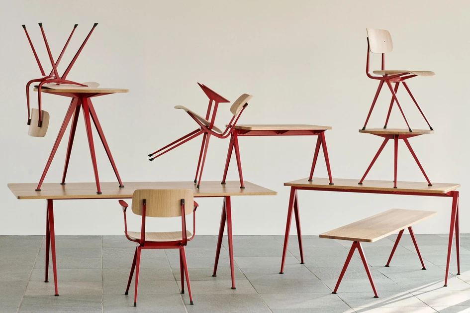 The light but hardwearing Pyramid café table and Result chair from HAY, featuring the strength of a metal frame alongside the warmth of wood