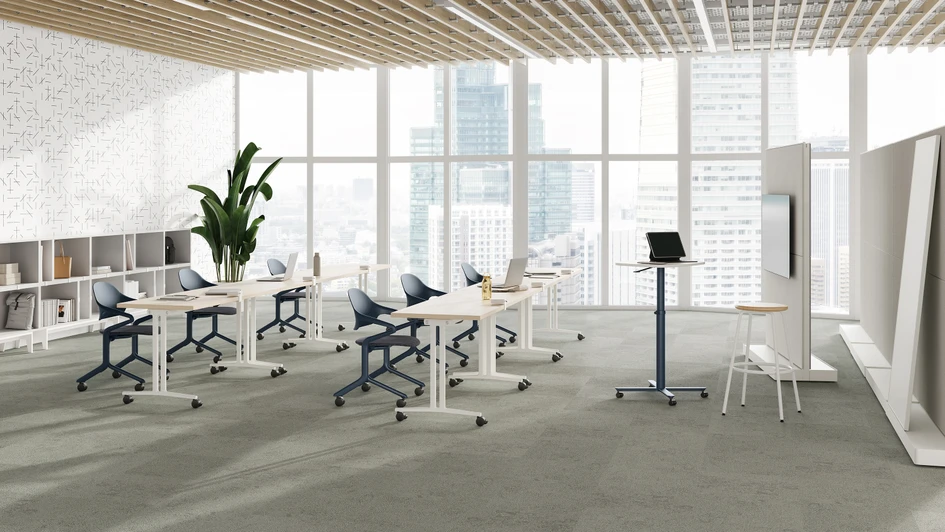 Pictured here with Herman Miller’s OE1 series of tables on wheels, Fuld looks good whilst active in use or passive in its nest