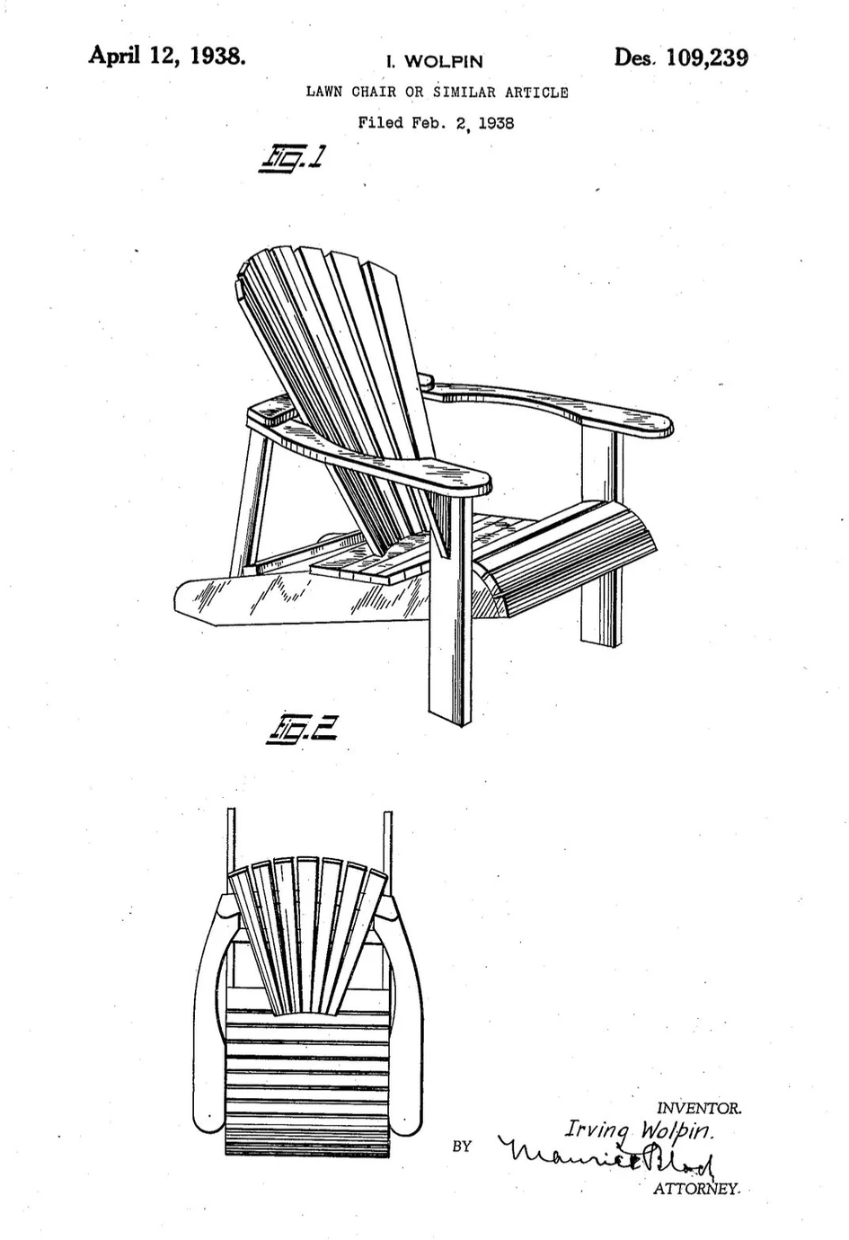 Both Cassina’s P22 armchair (top) and Federicia Furniture’s Hunting Chair (middle) extend the chairs’ base for rear support like Irving Wolpin’s patented Adirondack design (bottom). Photo: US Design Patent 109,239
