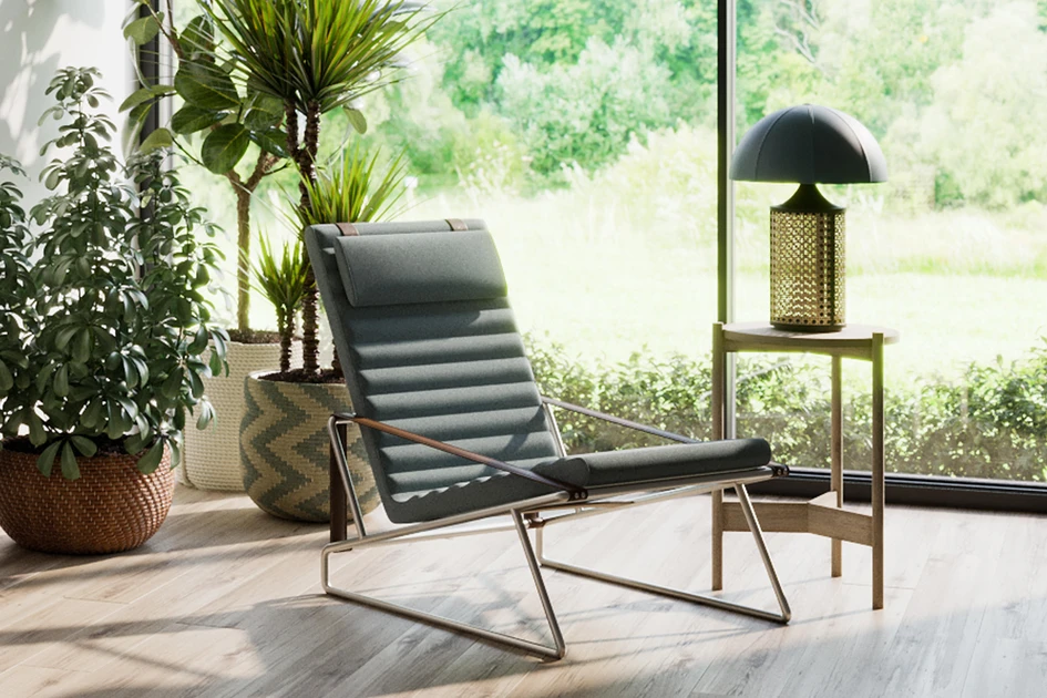 Sloped seat and back panels in Skram’s Independent Fade Lounger (top) and Harris & Harris’ Henry Armchair (bottom) seat the user further back in the chair