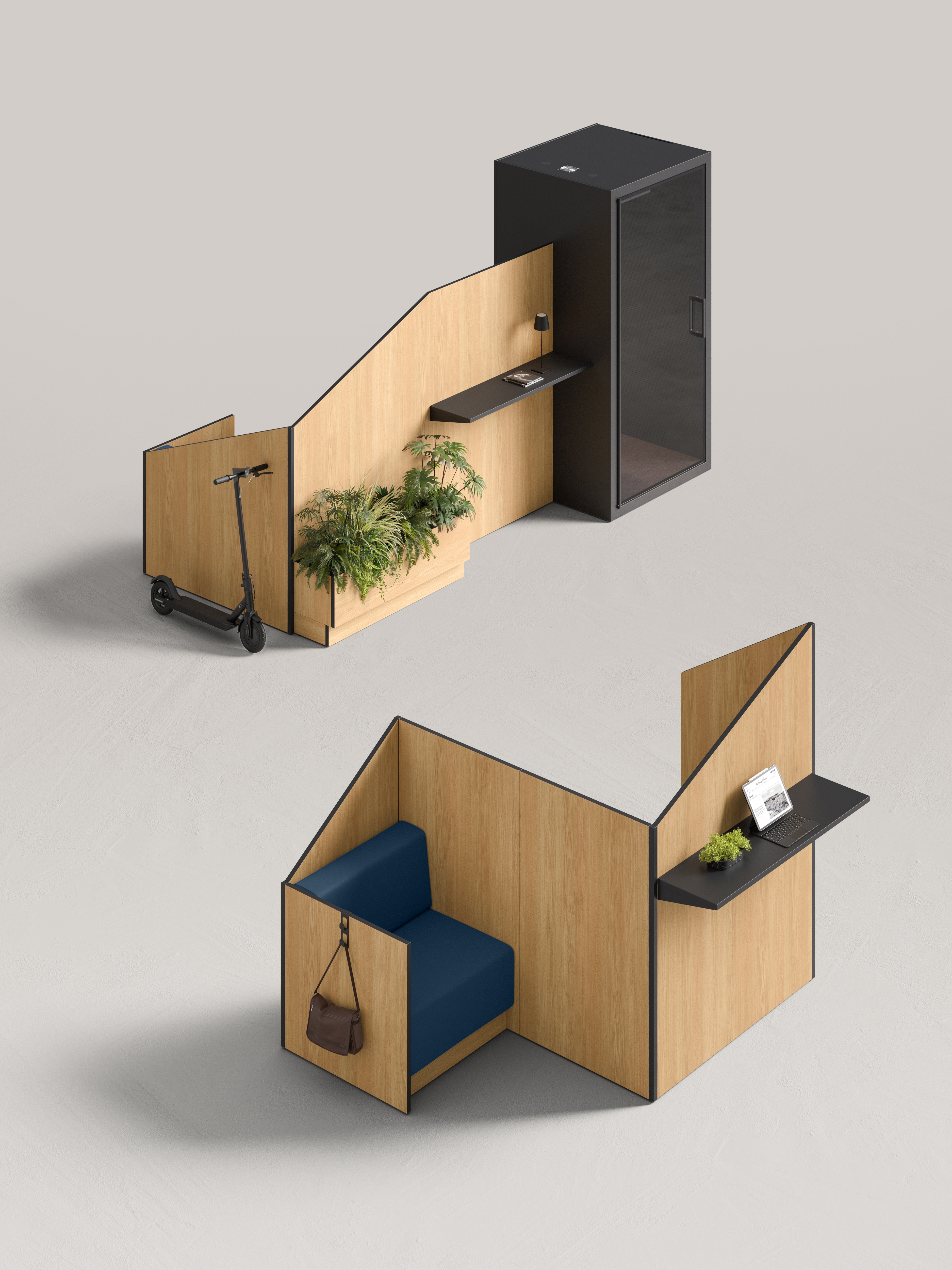 As well as its variety of modular panels, Panorama also includes functional accessories like coat and bag racks, cable runs, planters and monitor suspension systems