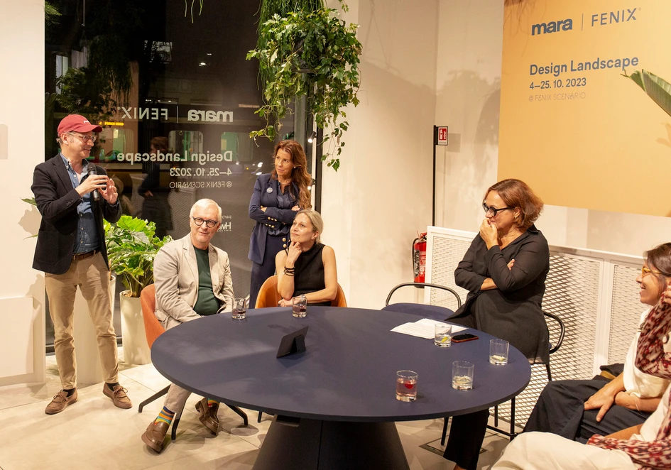 Italian brand Mara’s installation at the Fenix Scenario showroom in Milan was accompanied by a panel discussion on the need for anthropocentric design. Photo: Mara