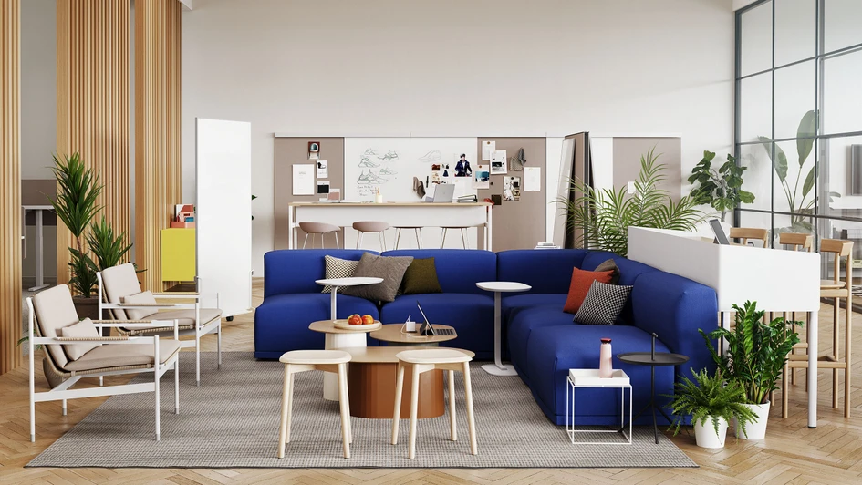 This collaborative workspace features a dynamic combination of furniture from across the MillerKnoll portfolio