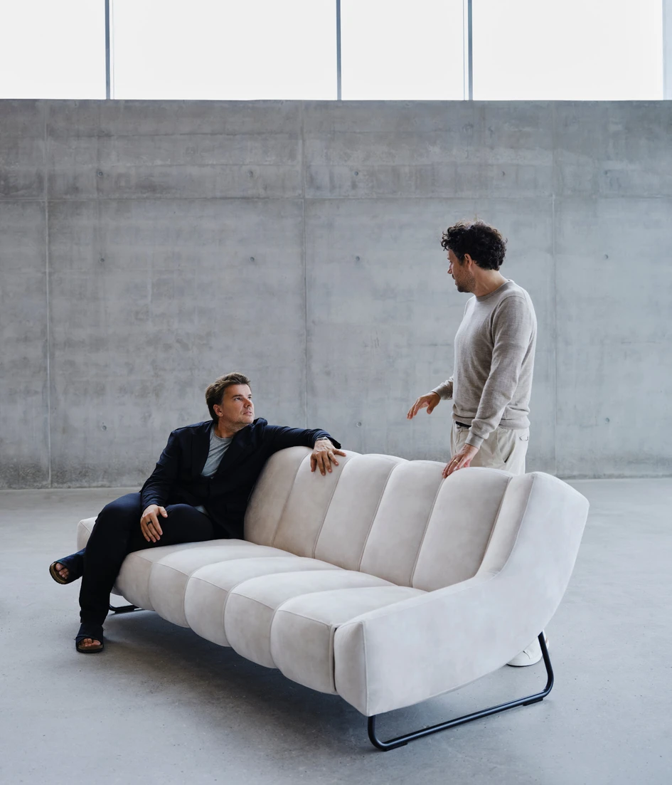 Sitting on the new Nawabari three-seater sofa, architect, founder and creative director at BIG, Bjarke Ingels, in conversation with Partner and Head of Products, Jakob Lange
