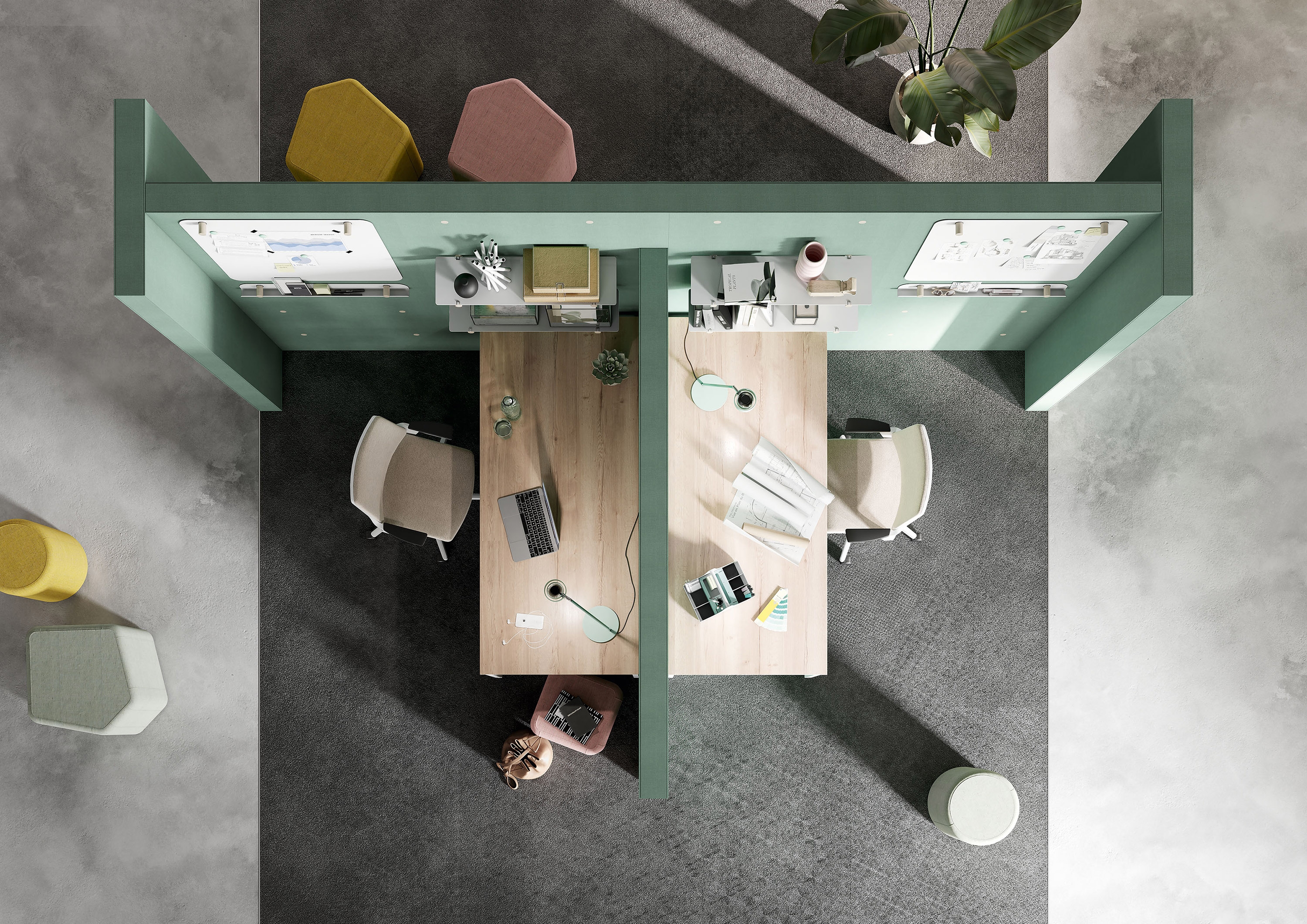 The wooden construction of CLAMP is equipped with an acoustically effective material, allowing each partition wall to absorb background noise