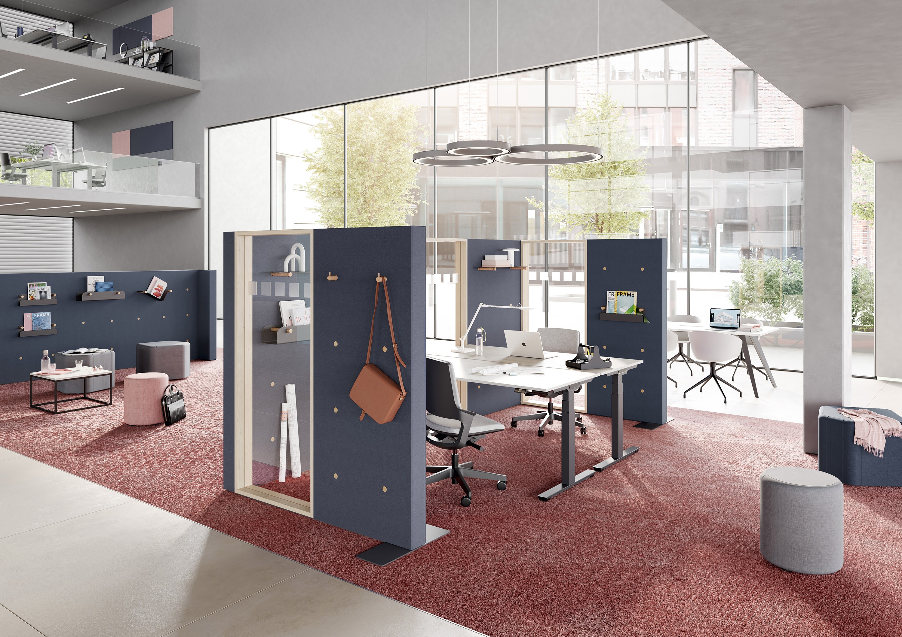 CLAMP's partition walls allow different room concepts to be realised without major construction work. They promote concentration at workstations while improving room acoustics