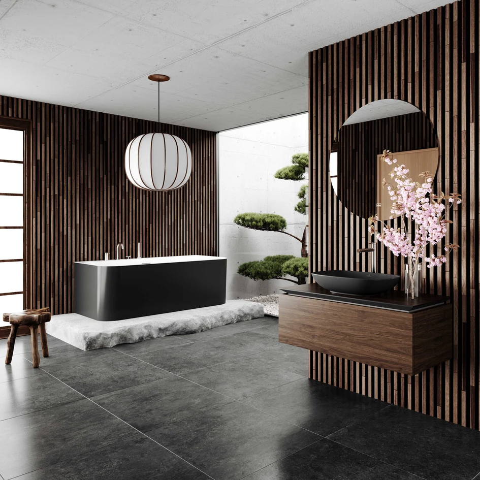 Dieses Bad-Interior ist von der spirituellen Ästhetik der japanischen Kultur inspiriert, eine Reminiszenz an die Stadt Kyoto