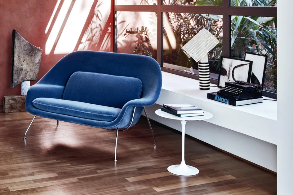 Eero Saarinen’s Womb chair, joined by a footstool (middle) and settee (bottom) in the collection, was created for Knoll in 1948 with a sweeping form to offer the user endless postures