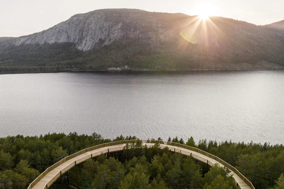 Sitting on supporting pillars to protect the forest floor, the winding Treetop Walk trail allows visitors to experience it from the treetops and look out over Lake Fyresvatn. Photos: Rasmus Hjortshøj