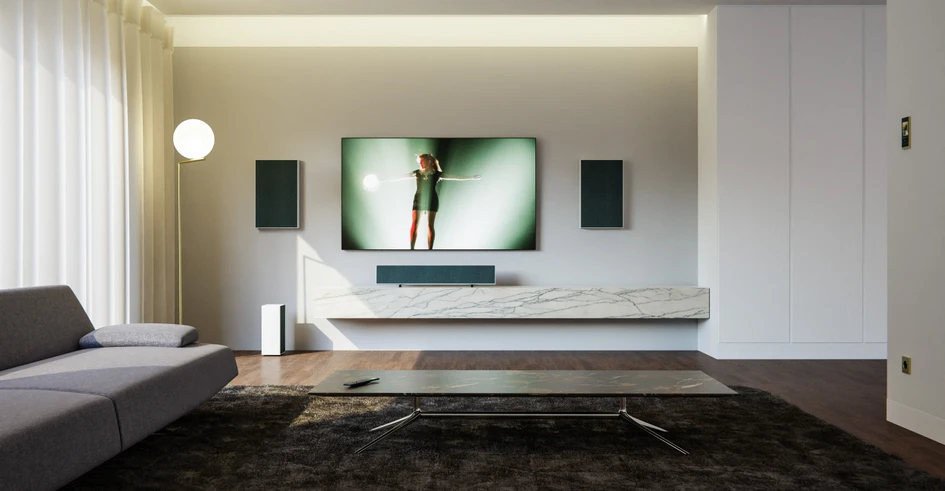 Basalte verbindet das Design von Steckdosen, Schaltern, Steuerungssystemen und Lautsprechern für den Wohnbereich. Hier zu sehen: Ellie Touch Display und Fibonacci-Schalter (oben) und Aalto-Lautsprecher (unten)