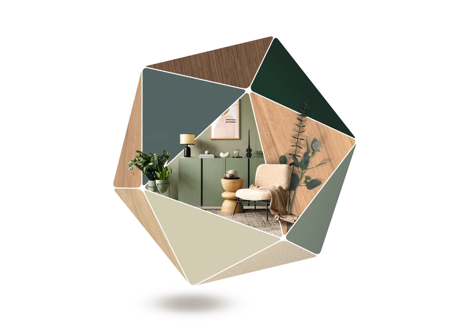 With the Capsule concept, EGGER rounds off its seamlessly interlocking analog and digital service offering. All decors in a capsule can be freely combined – pictured: ‘Muted Greens’ for naturally inspired interiors