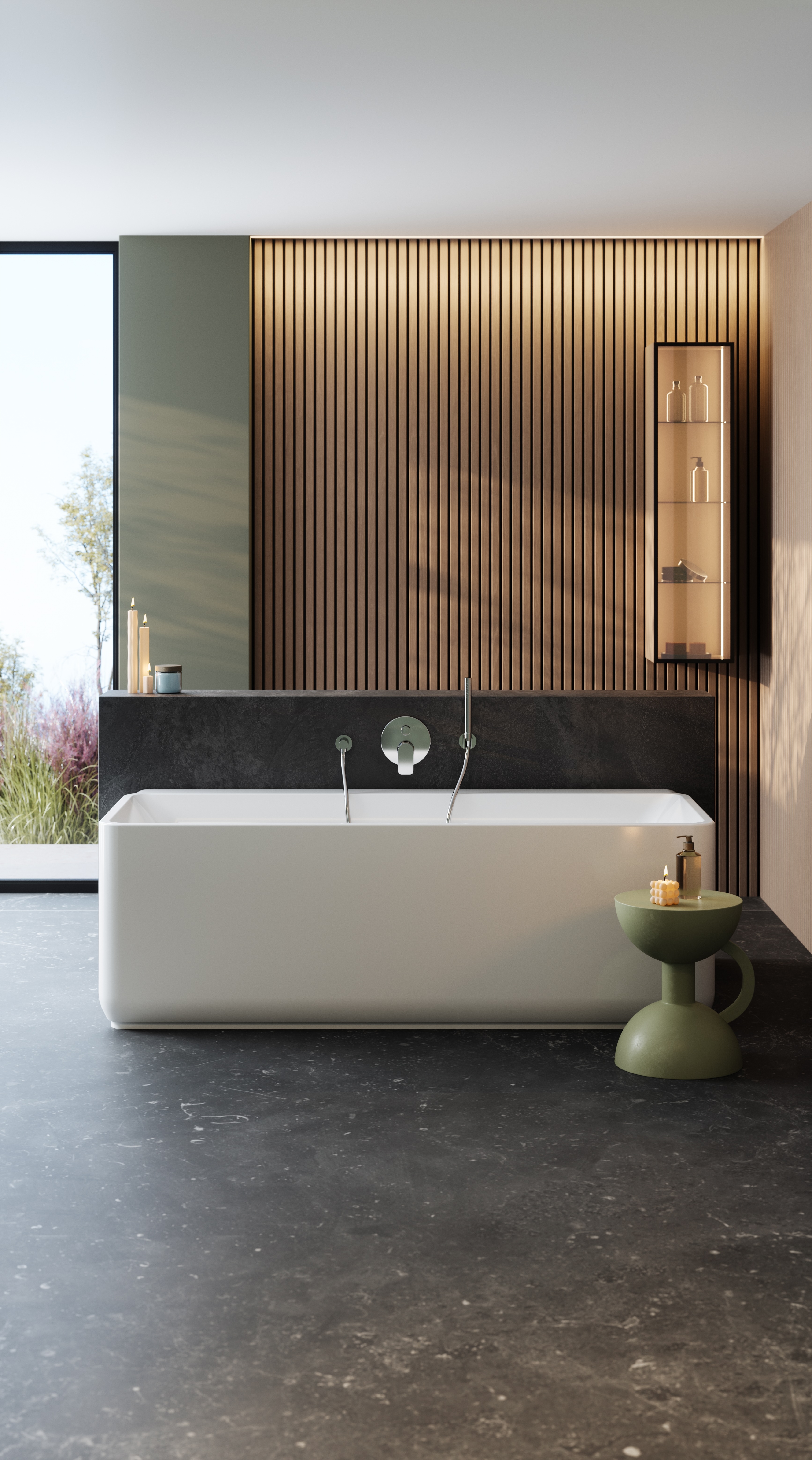 Staged accents: Danthree Studio emphasises fine details such as the delicate morning light brushing against the bathroom wall, or the burning candles placed beside the bathtub