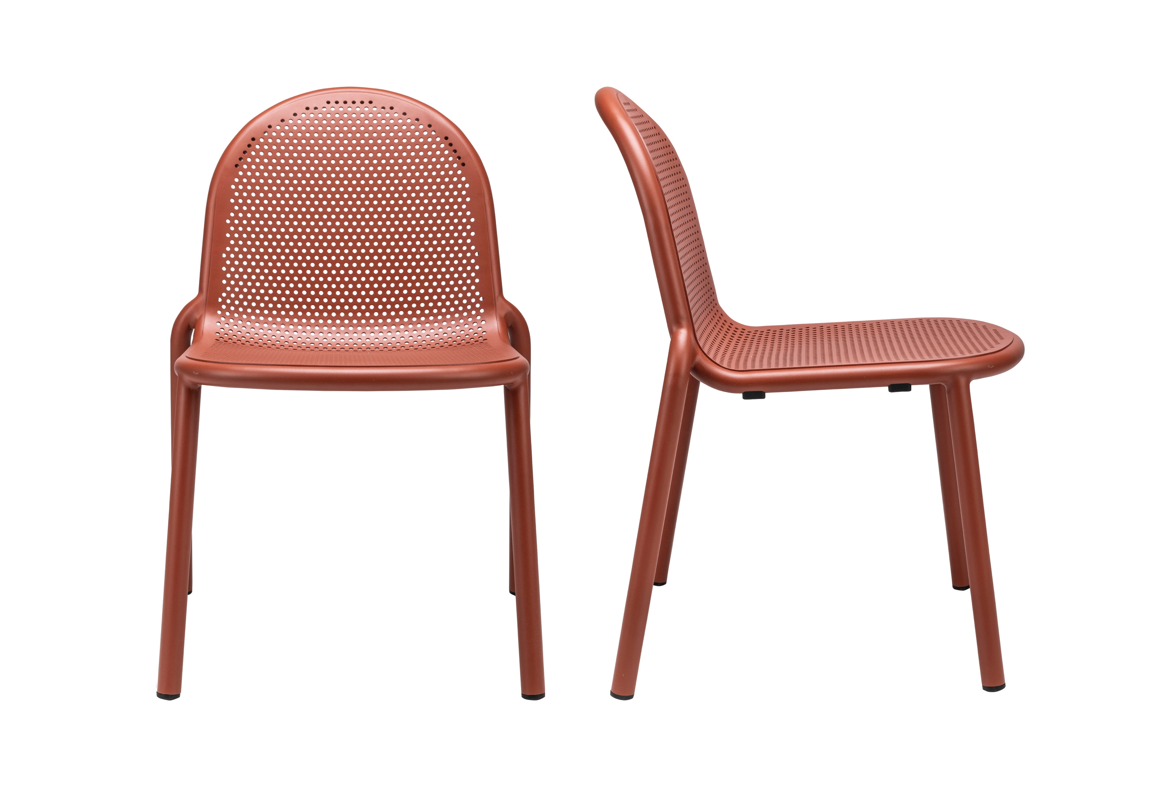 Visser’s Arcadia chairs have a breezy, perforated construction and are available in three muted colourways: terracotta, moss rey and a dusky black. Photo: Oene Sierksma (above)