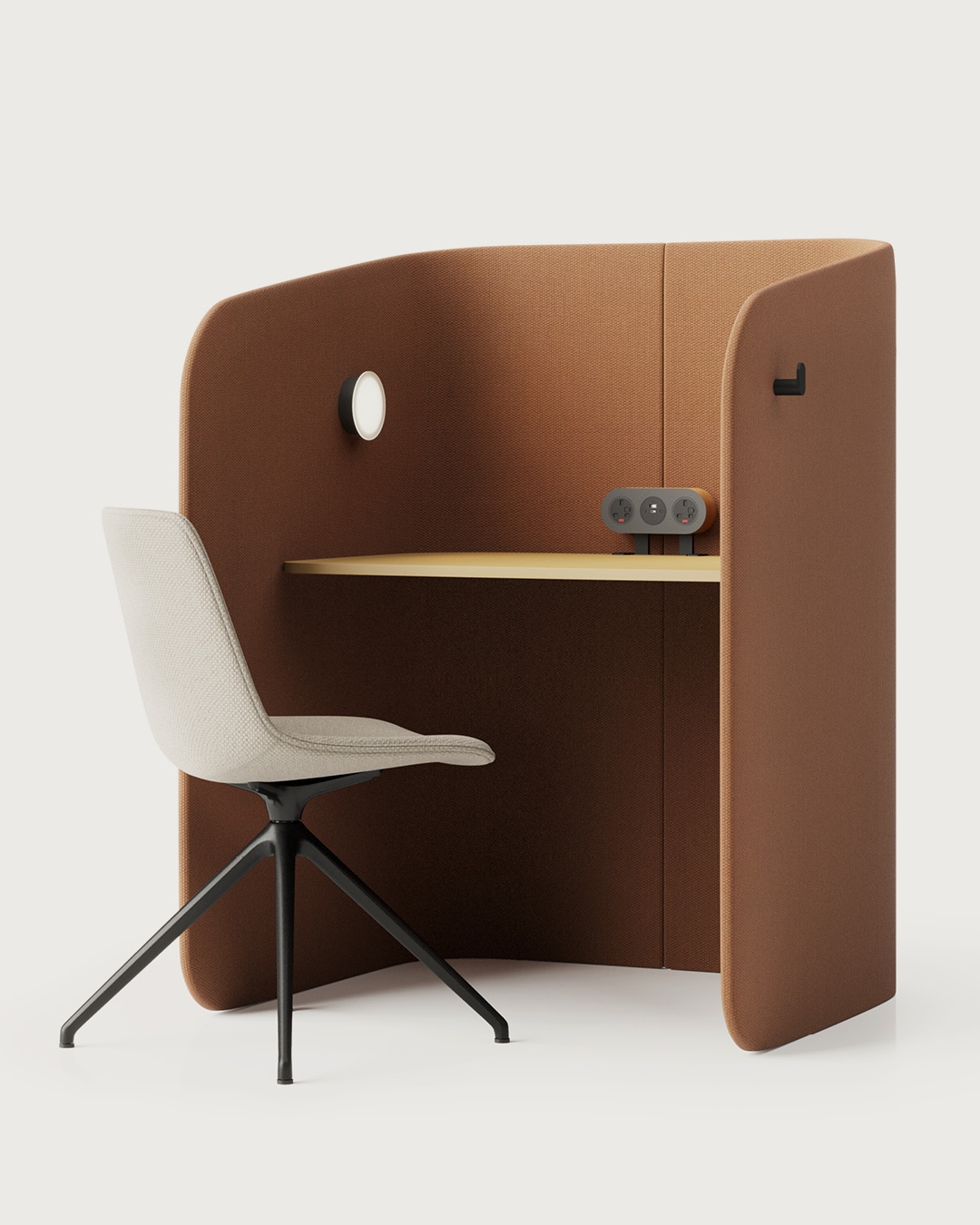 Frida can be styled as a desk booth or a seating booth. It also flexes to accommodate a choice of features - including power points, a variety of light fittings, coat pegs and side tables