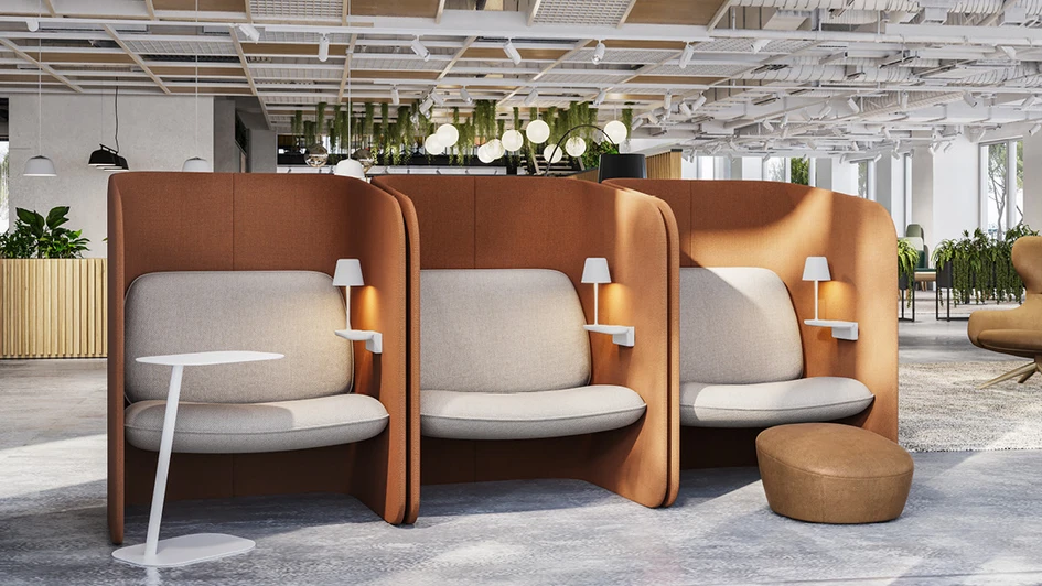 Frida’s screened sides are carefully shaped to allow for privacy, while not entirely cutting off the sitter. With space to stash a bag, they are an ideal choice for airport lounges and hotel lobbies