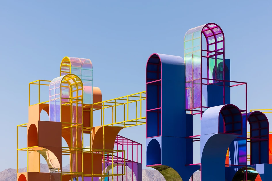 Coachella's vibrant Playground installation uses the iconic colours and forms of a playground to bring people together in a vertical city with desert surroundings. Photos: Michael Vahrenwald