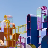 Coachella's vibrant Playground installation uses the iconic colours and forms of a playground to bring people together in a vertical city with desert surroundings. Photos: Michael Vahrenwald
