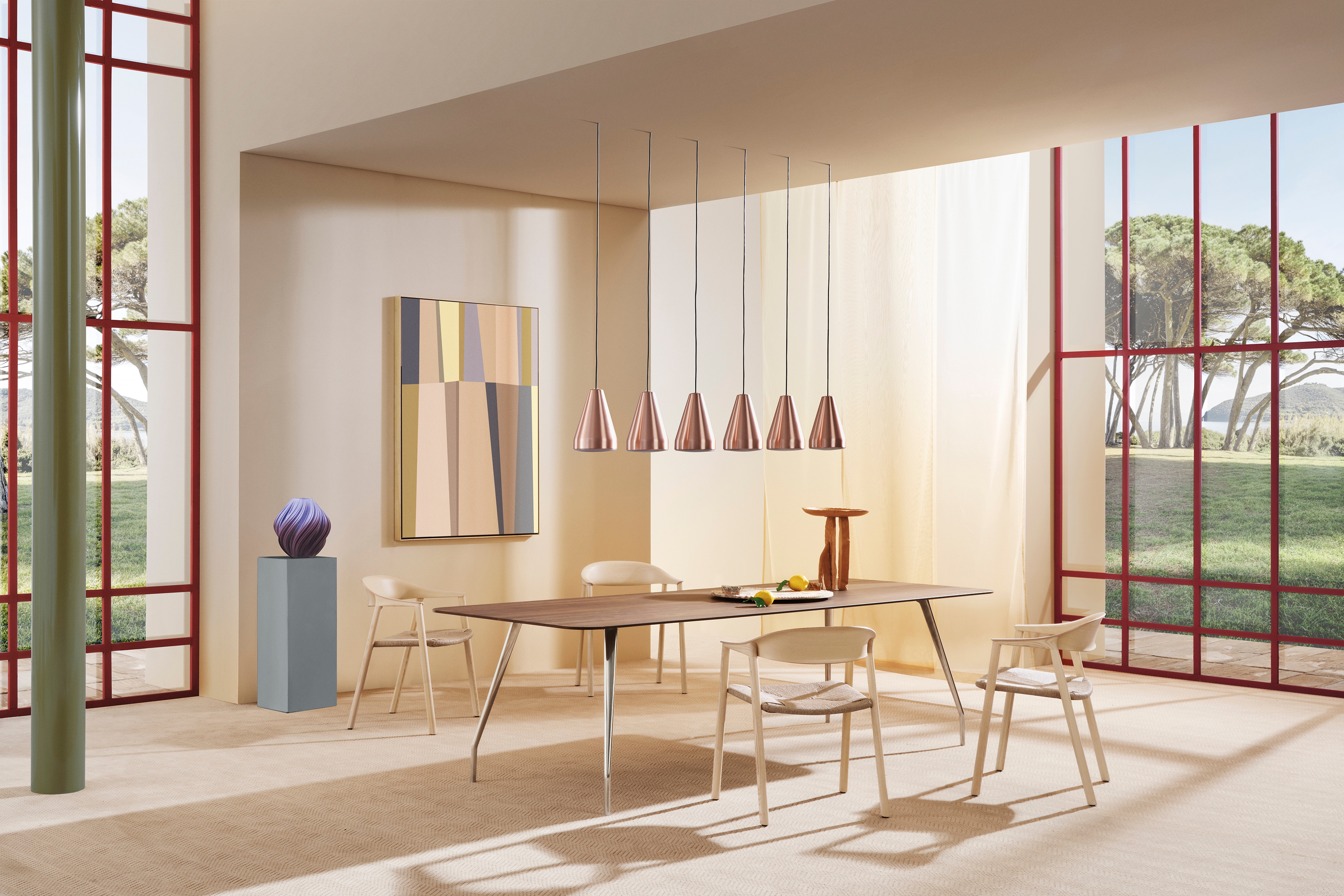 The Rizz table joins Pedrali’s diverse portfolio, making an appearance at this year’s Salone del Mobile. Art Direction: Studio FM, Photo: Andrea Garuti, Set design & Styling: Studio Salaris