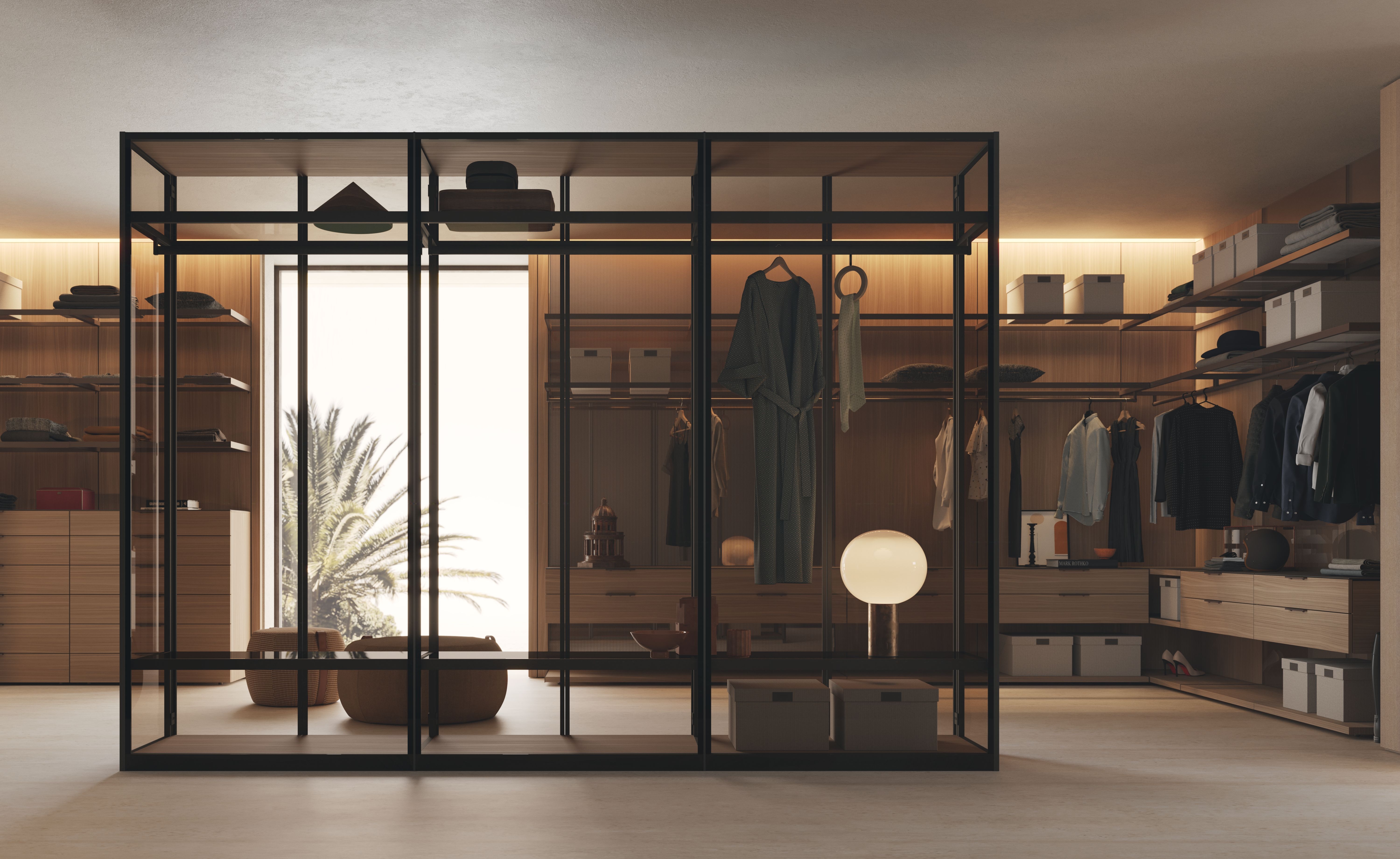 Pictured here, the Maddox bed, Top nightstand, Booken bookcase, Oydo coffee table and Lennox armchair (above); the Eureka wardrobe and vanity (middle); and Tian wardrobe, Notch pouf, and VentiTre walk-in closet (below)