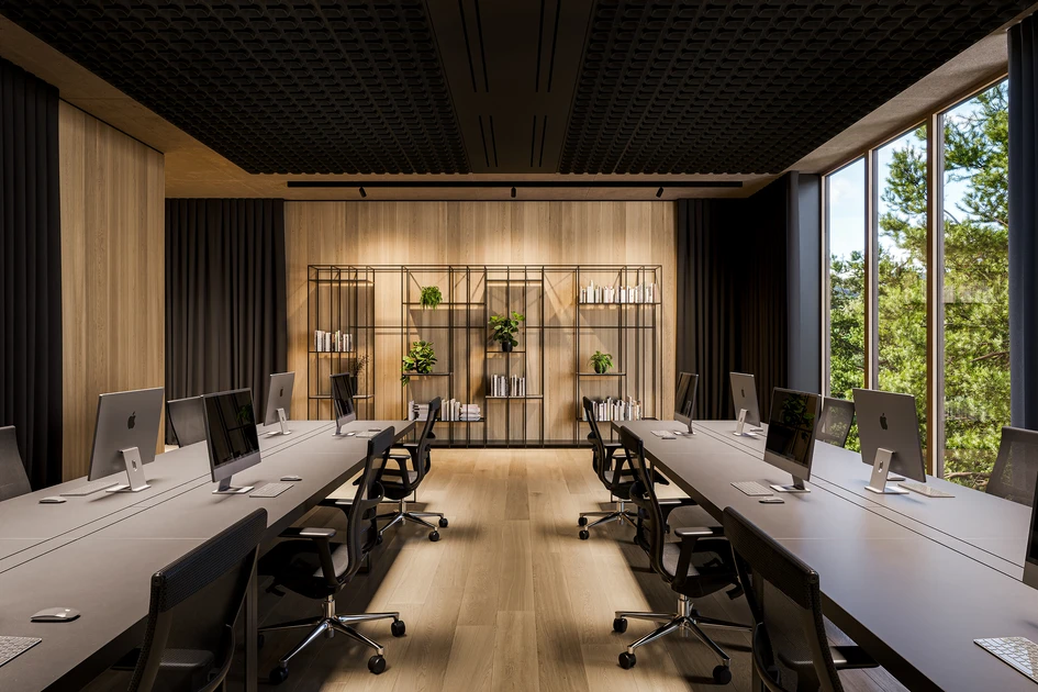 With the Bartenbach LFO optic, Pyrymyd illuminates the space pleasantly with low glare and without seeing the light source | Office with Pyrymyd LFO. Visualisation: Studio Spacer