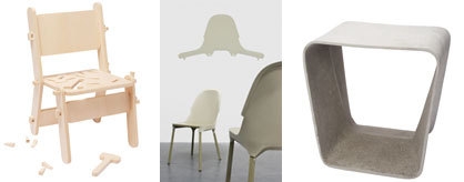 Bricolochair, Jean-Philippe Bonzon. Foto: Cortis & Sonderegger/ Plastic back chair,Raphaël Von Allmen. Foto: ECALEcal, Nicolas Le Moigne & Eternit Foto: Cortis & Sonderegger