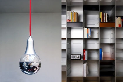Bulb C. Design: Zusammenarbeit von Oloom und Samuel Wilkinson, 2007. Foto: Milo Keller / anpassbares Aluminiumregal von  Oloom , 2008. Foto: Tonatiuh Ambrosetti