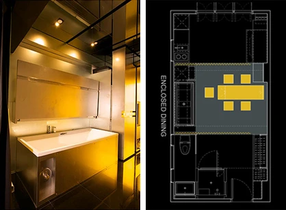 Behind one movable wall of shelving is an extra-large Duravit bathtub. / A floor plan of the dining area.