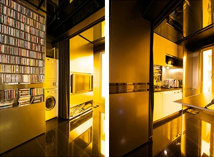 A panel hides the nook, and the TV wall moves to reveal the kitchen.