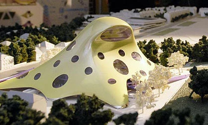 A model of Future System's controversial design for the Prague's national library. Photo: Volfik Rene/AP