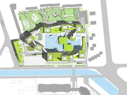 A pond in the centre of the complex holds recycled greywater from the buildings and will freeze over in the winter, transforming into a public ice rink.