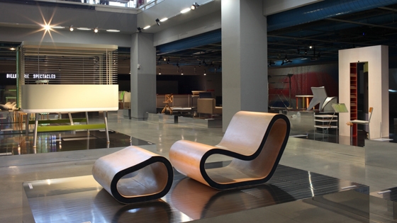 'VIA Design 3.0' exhibition at the Pompidou Centre, 2009, with François Azambourg's 'Bois-Mousse' chair and footrest (1999) in foreground; photo © Hervé Véronèse, Centre Pompidou, 2009