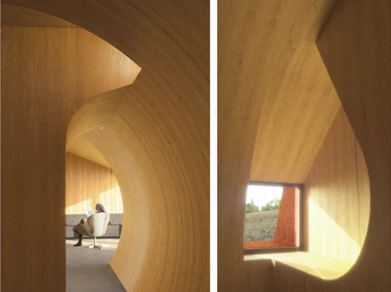 Interior of Cottages at Fallingwater (USA), architecture: Patkau Architects, rendering © Patkau Architects