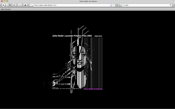 Screenshot of Zaha Hadid's homepage, where confused navigation reigns; www.zaha-hadid.com