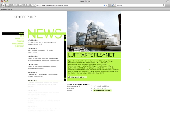 Screenshot of Oslo-based practice Space Group's homepage, where news and other information takes precedence over project images; www.spacegroup.no