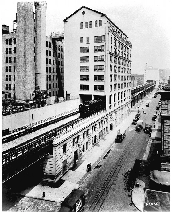 The High Line in 1934; the last train ran along the Manhattan viaduct in 1930, carrying three carriage loads of frozen turkeys