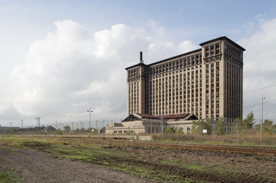 Michigan Central Station, Detroit, completed in 1913 and decommissioned in 1988. In spite of its dilapidated state, its grand Beaux-Arts architecture has, fortunately, saved it from demolition; photo Sean Hemmerle