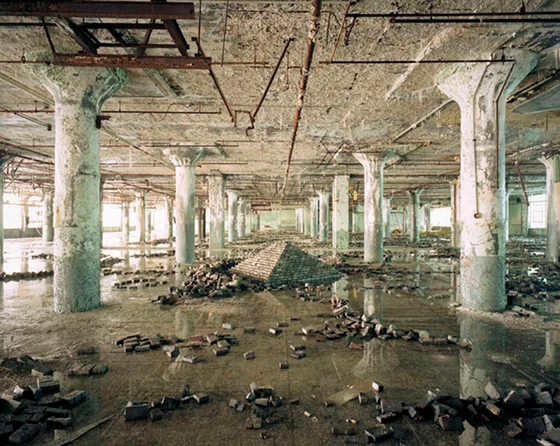 Inside the Fisher Body Plant #21, Detroit. 'Ziggurat 2007–2008' installation, which consists of found wood brick tiles from the space, by artist Scott Hocking; photo Sean Hemmerle, March 2008