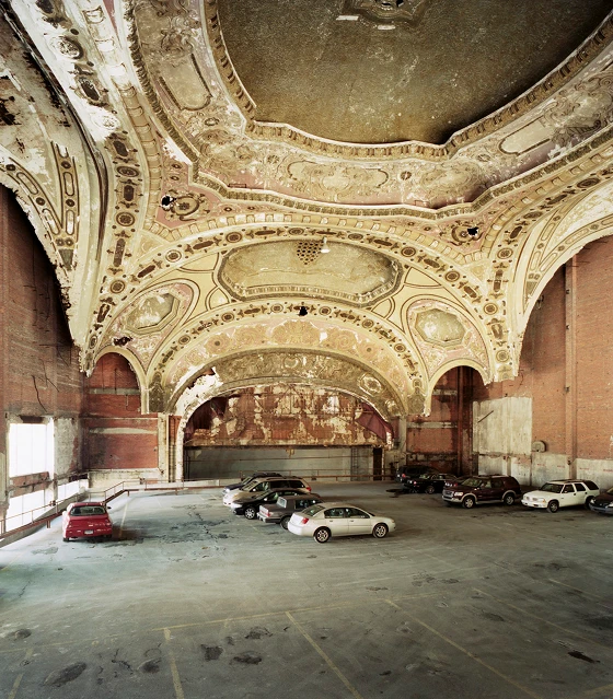 Interior of Detroit's Michigan Theater. The structure was completed in 1926 by Chicago-based architects Rapp & Rapp. It functioned as a performance space until 1976, when it was converted into a parking garage; photo Sean Hemmerle