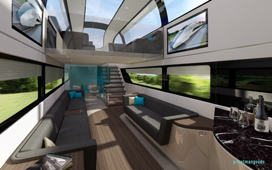 The Mercury concept train's first-class interior. Private sound-proofed compartments throughout the train, which feature flat screens for business presentations, along with power sockets and WiFi, make the double-decker Mercury a digital nomad's paradise