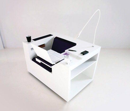 Reminiscent of a Joe Colombo design piece, Patricia Terrazas and Michael Svane's 'Four Works' armchair/desk/light/storage for Danish label Four Design provides a complete and independent workspace