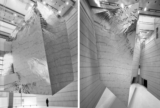 Floating aluminium parallelotope, weighing at least a tonne, filled with helium in the atrium of Museum for Contemporary Art in Tokyo, installation by Junya Ishigami