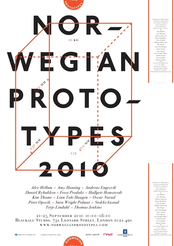 Poster design for the 2010 edition of Norwegian Prototypes by Molly Kyhl. The exhibition was curated by Norwegian designers Amy Hunting and Kim Thome