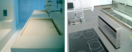 Waschtisch und Detail einer Küchenarbeitsplatte aus Beton von OGGI
