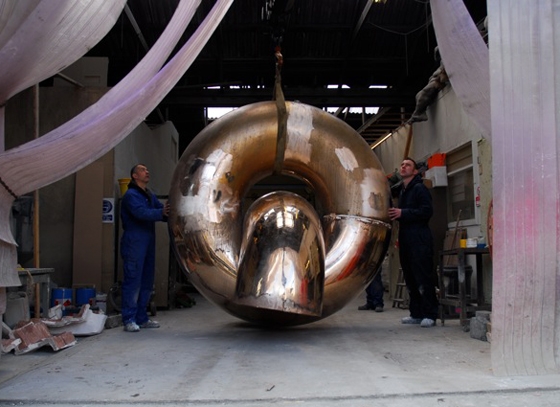 Construction shot: Robb's highly sculptural 'Change' public artwork for Clydebank in Scotland is made of cast bronze