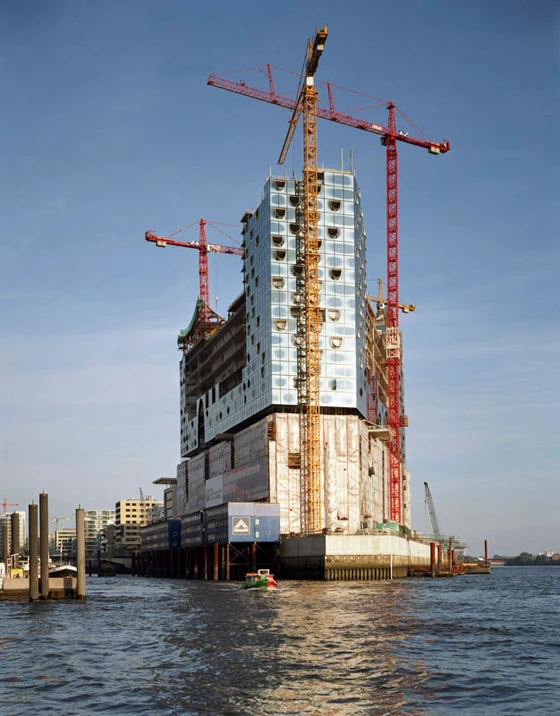 The Elbphilharmonie by Swiss practice Herzog & de Meuron under construction in Hamburg’s harbour area; photo: Oliver Heissner